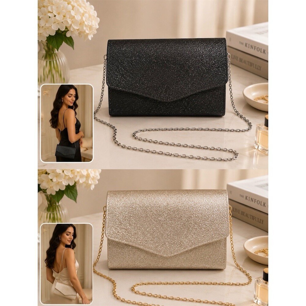 Set of 2 Glitter Evening Clutch Purses Black & Gold Detachable Chain